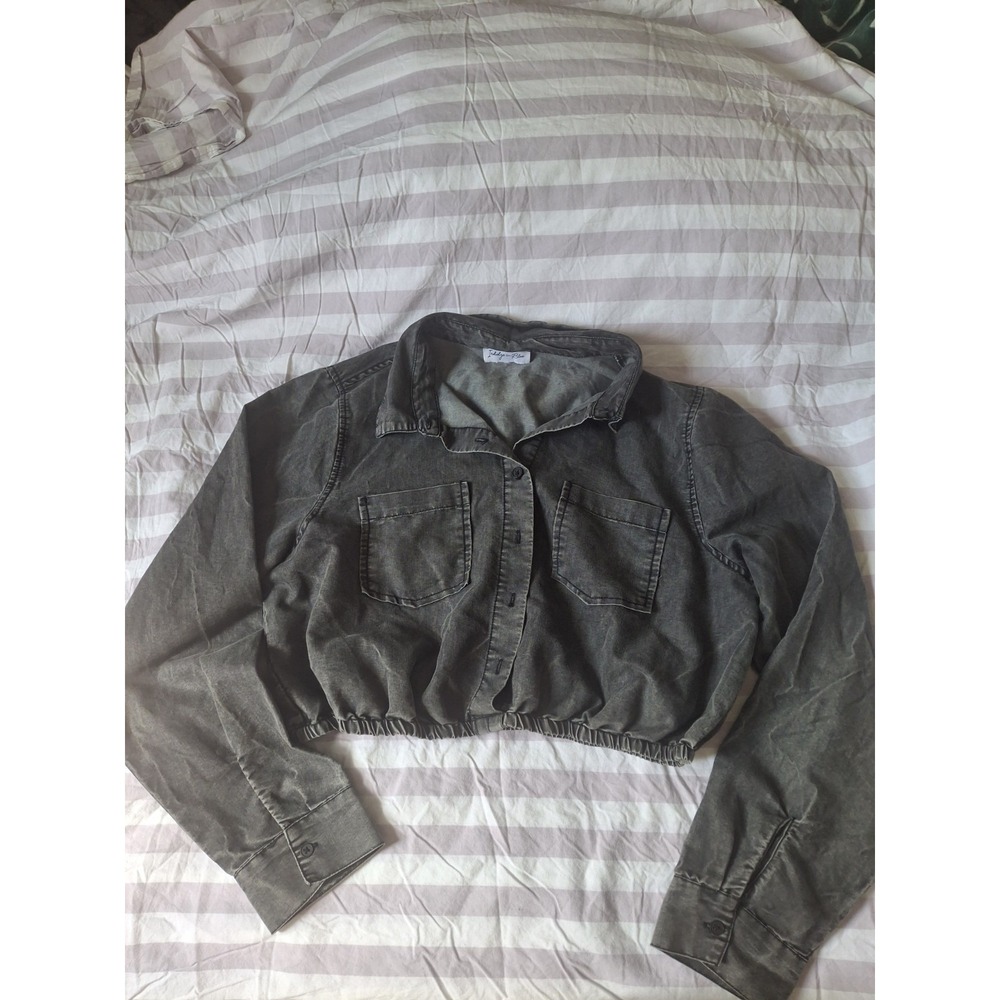 Indulge in Blue Acid Wash Cropped Denim Jacket Gray Elastic Hem Button Up Top